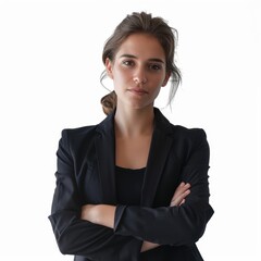 A confident young female entrepreneur in a sleek blazer, exuding leadership and innovation. on a white background