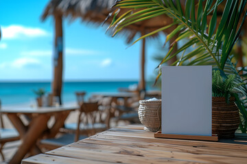 Blank menu frame on a wooden table in a beach bar restaurant. Mockup for display of design. Summer vacation and dining concept with copy space. Close-up with a blurred background