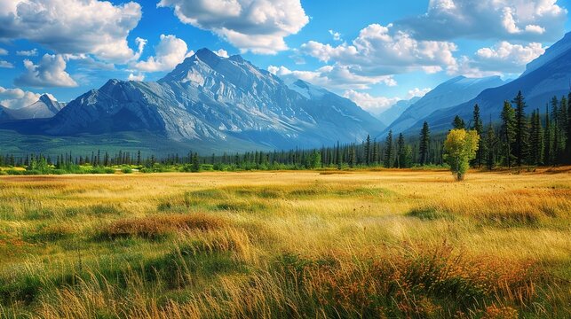 Landscape view of the fields and mountains of Banff National Park, Alberta, Canada  ,Generative ai, 