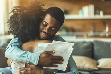 A couple embraces tenderly while reviewing life insurance policies, signaling reassurance and preparedness for life's uncertainties. - obrazy, fototapety, plakaty