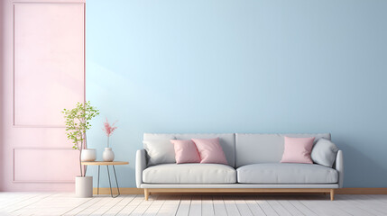 Interior of living room with blue sofa ,The airy and bright living room features a comfortable white couch and modern decor, interior background house modern luxury living cushion decor simple blue
