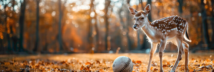 a Deer playing with football beautiful animal photography like living creature - obrazy, fototapety, plakaty