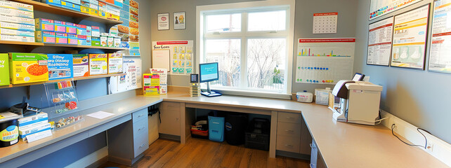 A nutritionist's office: Space with a desk, shelves stocked with dietary resources, a consultation...