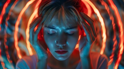 Woman Experiencing Vertigo Illness with Dizzying Headache and Sense of Spinning Disorientation - obrazy, fototapety, plakaty