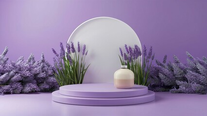 Lavender podium flower background purple product nature platform stand summer 3d table. Cosmetic podium lilac abstract field studio beauty flower spring lavender floral display plant backdrop crystal