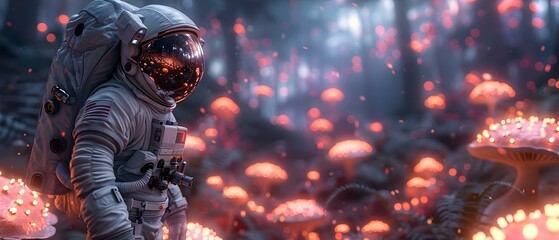 Exploring a Psychedelic Mushroom Forest: An Astronaut's Adventure. Concept Adventure, Psychedelic, Forest, Astronaut, Exploration - obrazy, fototapety, plakaty