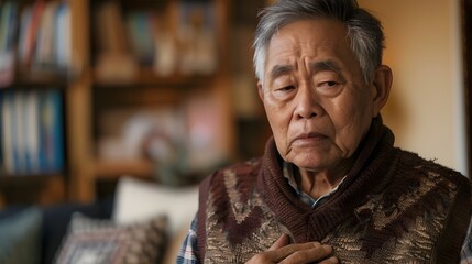 Worried Elderly Asian Man Experiencing Chest Pain at Home