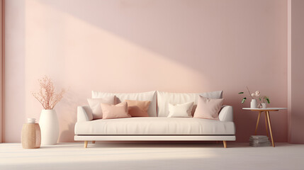 Interior of living room with pink sofa ,The airy and bright living room features a comfortable  pink couch and modern decor, interior background house modern luxury living cushion decor simple pink  - obrazy, fototapety, plakaty