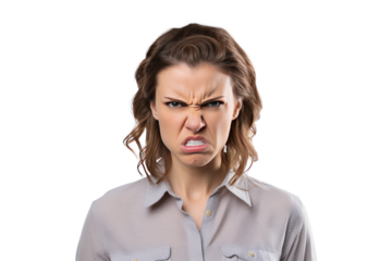 woman feeling angry Serious atmosphere Expressing power. Isolated on transparent background.
