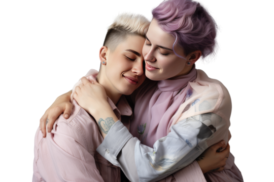 Women and non-binary people hugging each other. Warm, loving and accepting atmosphere. Isolated on transparent background.