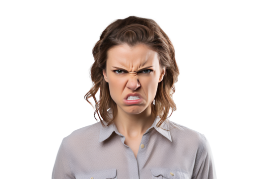 woman feeling angry Serious atmosphere Expressing power. Isolated on transparent background.