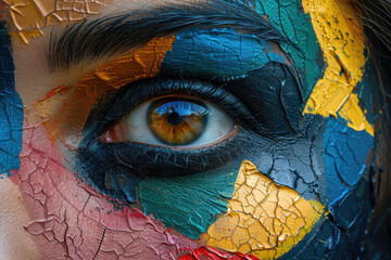 Vibrant face painted in bold cubist style
