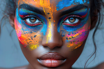 Vibrant face painted in bold cubist style - obrazy, fototapety, plakaty