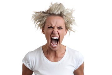woman feeling angry Serious atmosphere Expressing power. Isolated on transparent background.