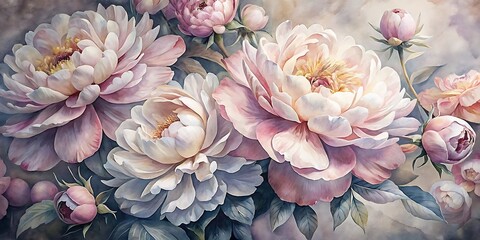 Beautiful Peonies painted with watercolor, Peonies Watercolor, Spring Watercolor flowers, Spring Background