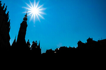 Wroclaw, Poland -  Silhouette of downtown with sunshining from above  - obrazy, fototapety, plakaty