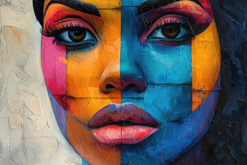 Vibrant face painted in bold cubist style