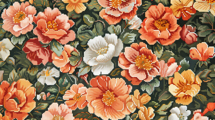 Vintage Floral Cross-Stitch Embroidery - obrazy, fototapety, plakaty