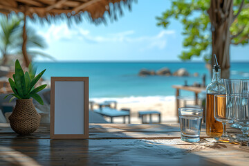 Blank menu frame on a wooden table in a beach bar restaurant. Mockup for display of design. Summer vacation and dining concept with copy space. Close-up with a blurred background
