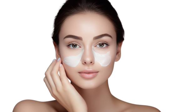 Woman applying facial cream Relaxing atmosphere, take care of yourself, Isolated on white background