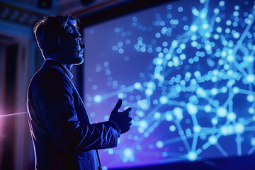 A CEO confidently delivers a presentation to investors, illuminated by the soft glow of a projector.