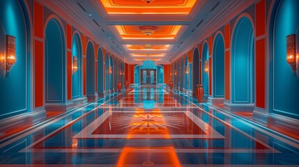 Luxurious Hotel Corridor with Elegant Interior Design - obrazy, fototapety, plakaty