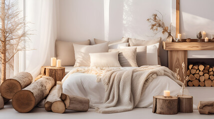 Bedroom interior mockup in boho style with fringed blanket, cushion with tassels, linen bedding, dried pampas grass, basket lamp and curtain on empty beige background ,interior home design modern 
