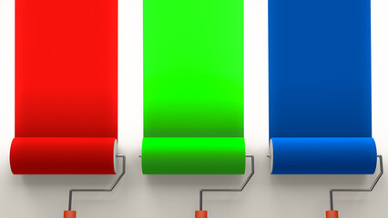 3D rendering,Realistic mock-up roller painting with red, green, blue,RGB color bars concept, blank empty space for text, abstract design and isolated on white  background.