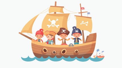 Cute kids playing pirates on ship. Wooden corsair ship