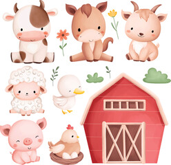 Watercolor Illustration Set of Cute Farm Animals and Elements - obrazy, fototapety, plakaty