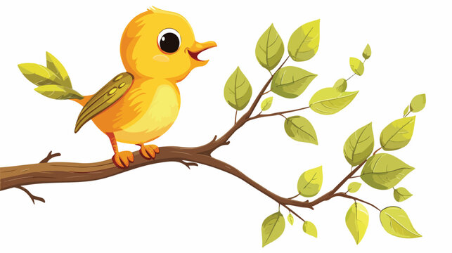 Cute little bird cartoon on a tree branch isolated on