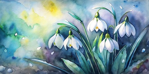 Beautiful Snowdrop Flowers Painted with watercolor, Spring Watercolor flowers, Spring Background	