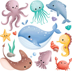 Watercolor Illustration Set of Cute Sea Creatures