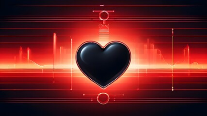 A black heart on a red technological background.