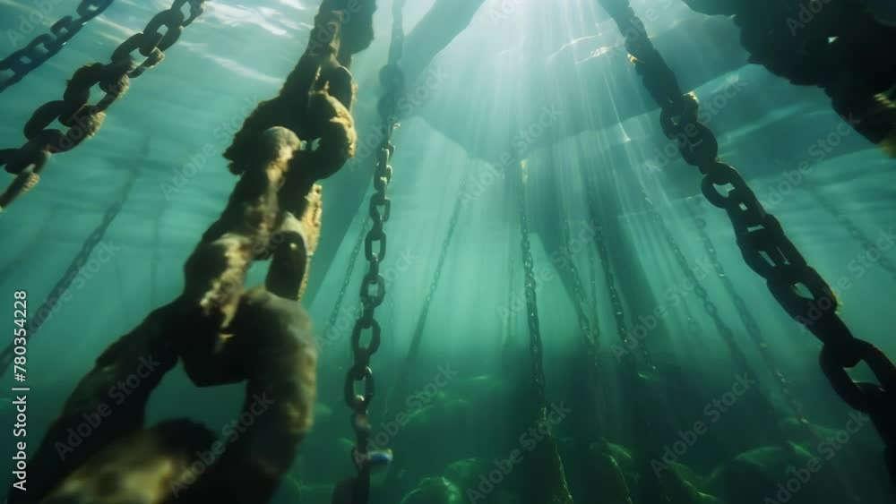 Poster sunlight filtering through the crystal clear water illuminating a network of submerged metal anchors