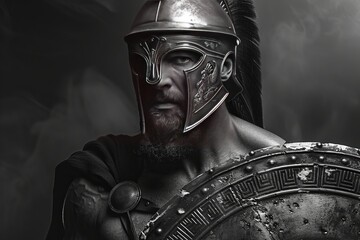 Spartan warrior portrait. With a shield and sword. High contrast black and white photo - obrazy, fototapety, plakaty