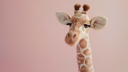 Stuffed giraffe toy with fluffy spots on a pink background adds playful charm