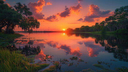 Fototapeta na wymiar A breathtaking sunset over calm waters
