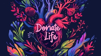 Heartfelt Call to Donate Life. A vivid illustration with a stylized human heart at the center, surrounded by floral elements and the inspiring words "Donate Life," advocating for organ donation