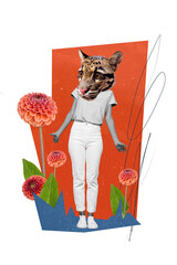 Photo collage wild nature template of headless woman shrug shoulders leopard watching fresh flowers...