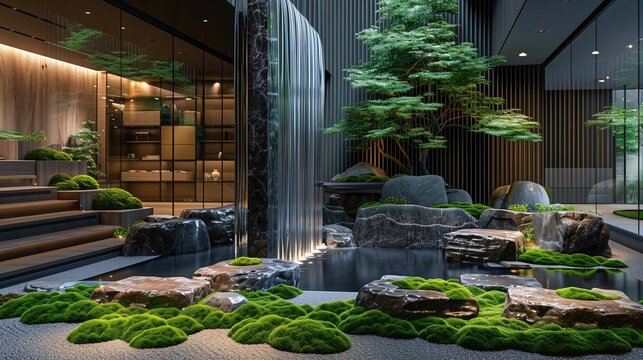 Modern Zen Garden with Waterfall and Moss