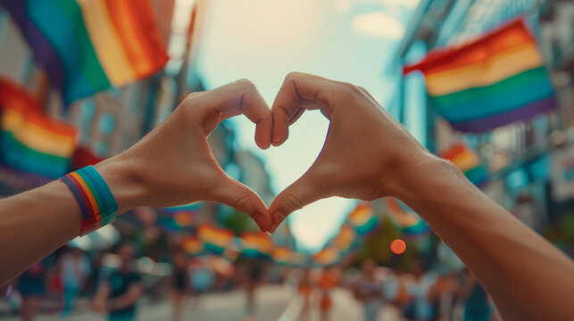 A photo of hands making the shape of heart in a blurred background of pride flags