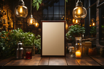 Blank canvas menu board on wooden table in cozy restaurant setting with warm lighting. Menu mockup frame with ambient interior background for display of design. Vertical orientation with copy space - obrazy, fototapety, plakaty