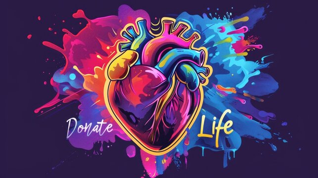 Heartfelt Call to Donate Life. A vivid illustration with a stylized human heart at the center, surrounded by floral elements and the inspiring words "Donate Life," advocating for organ donation - Powered by Adobe