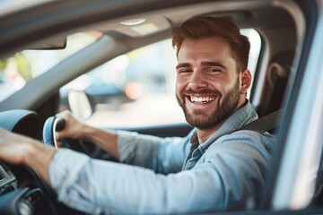 Handsome young man is driving a car and smiling driving a car with a clear view of the city through the window. showcasing safe driving with a seatbelt