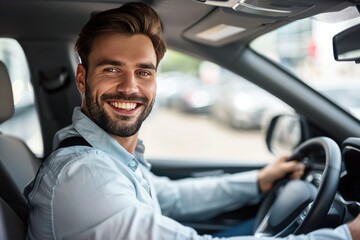Handsome young man is driving a car and smiling driving a car with a clear view of the city through...