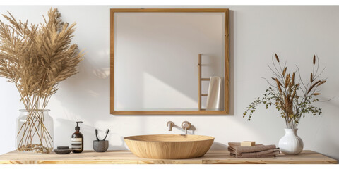 modern bathroom interior with wooden table, mirror frame and plants	
