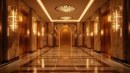 Naklejka premium Luxurious Hotel Hallway with Art Deco Lighting