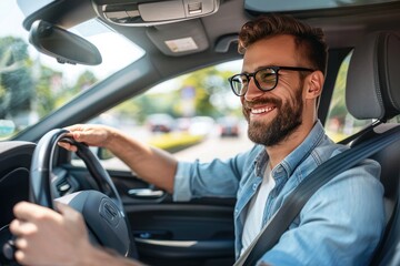 Obraz premium Handsome young man is driving a car and smiling driving a car with a clear view of the city through the window. showcasing safe driving with a seatbelt