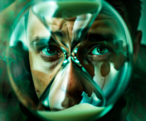 Man's face distorted through hourglass, concept of time and deadline.